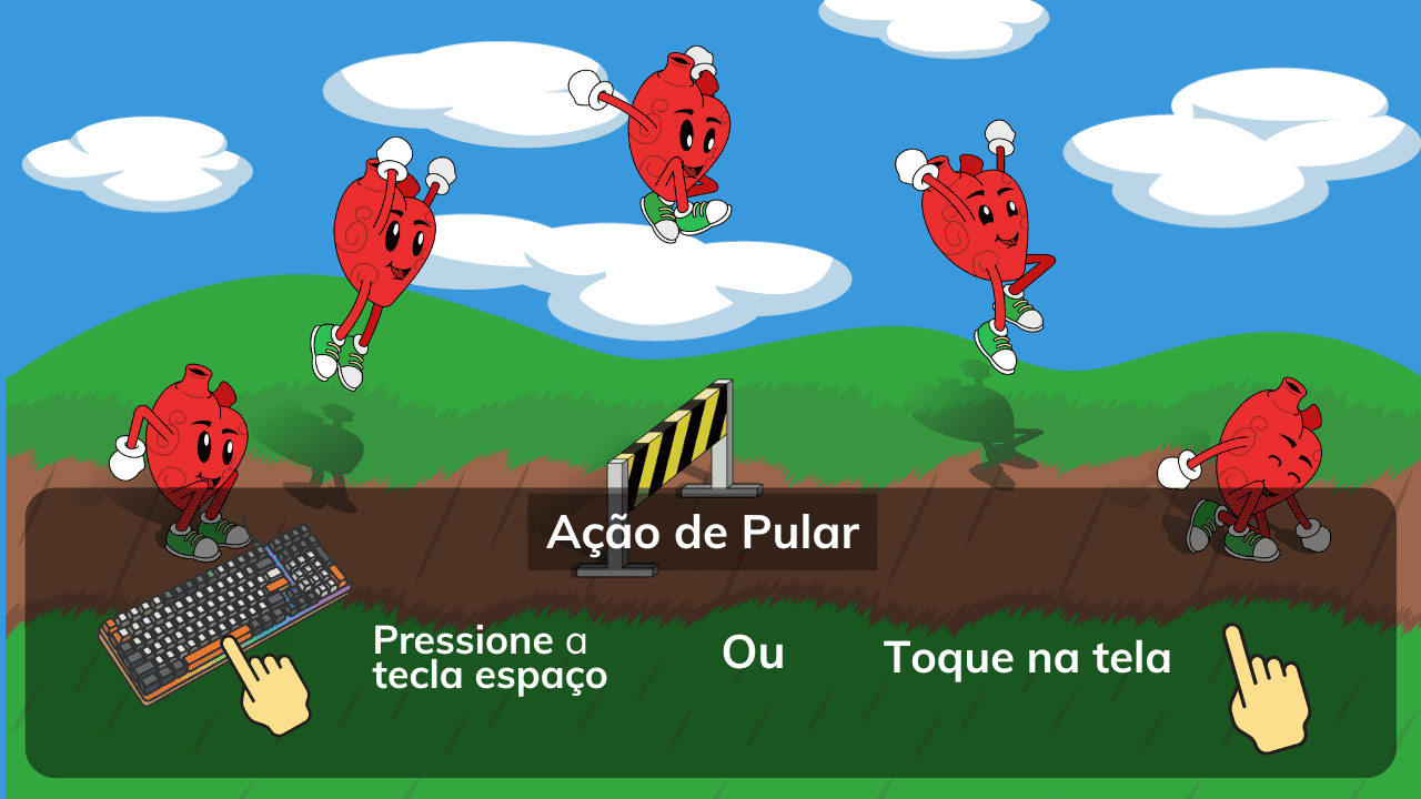 Tela de tutorial do mini-game O Caminho do Coração, com o personagem coração correndo e desviando de obstáculos
